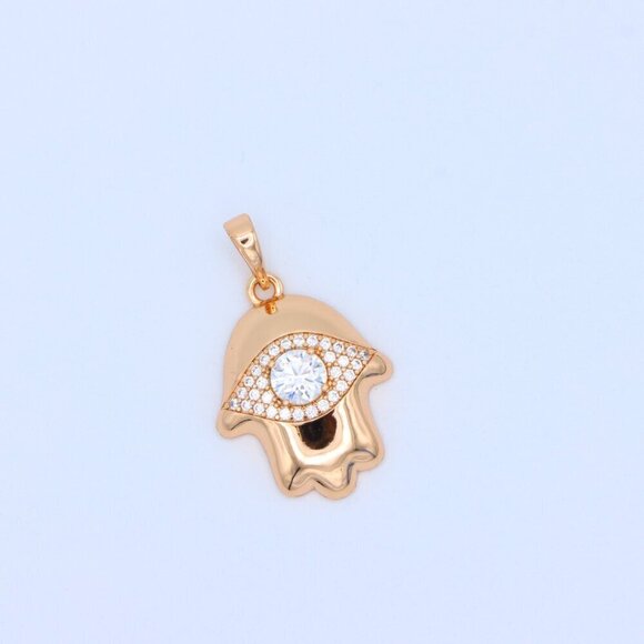"White Evil Eye Hamsa Pendant in Gold Plated Brass – Sparkling Charm, XPPT1755 - Picture 10 of 13